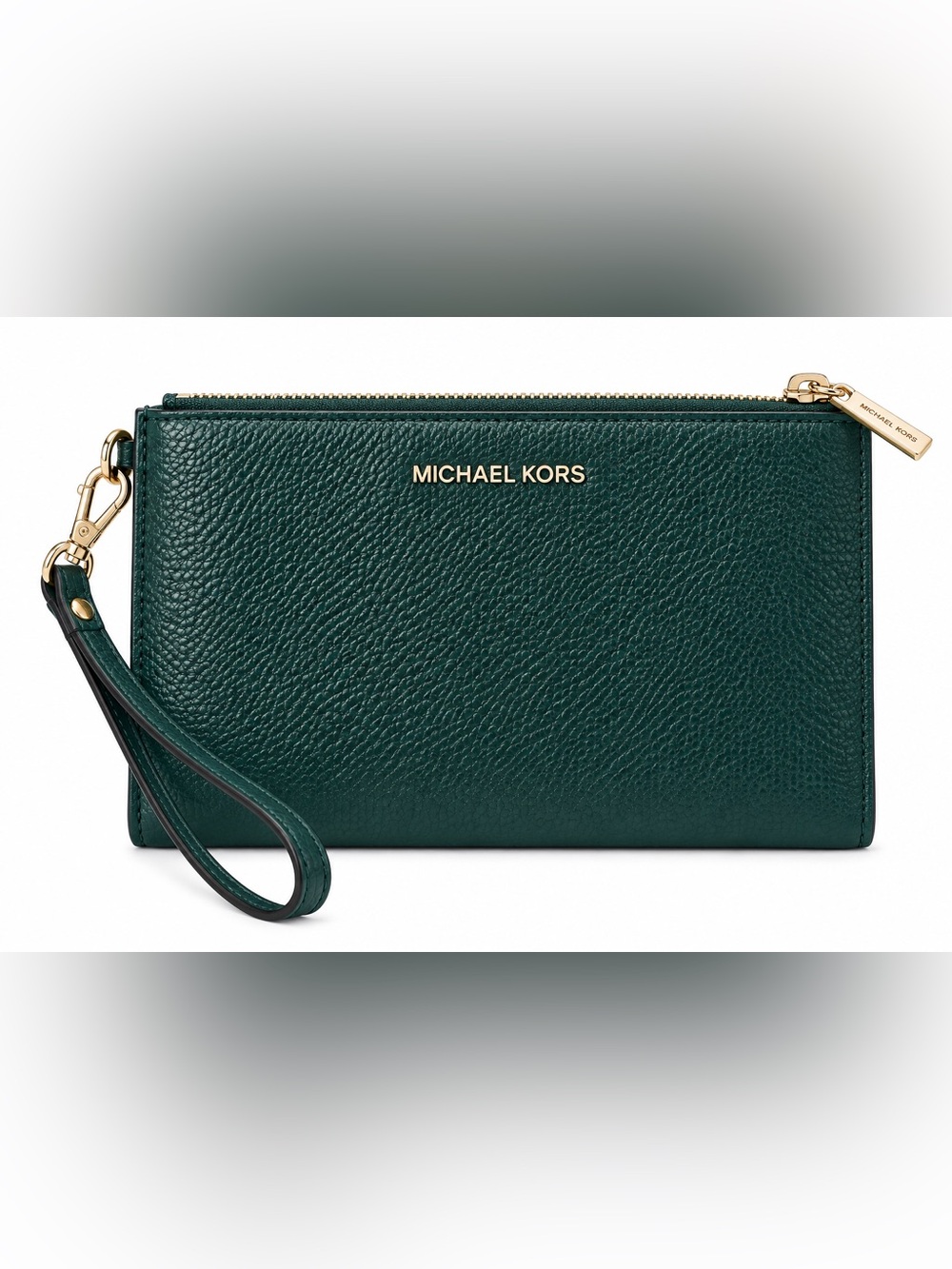 MICHAEL KORS Forest Green Pebbled Leather Wristlet Clutch